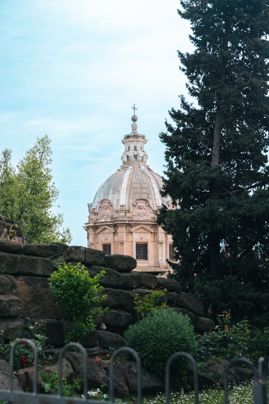 a view of a church in the city
