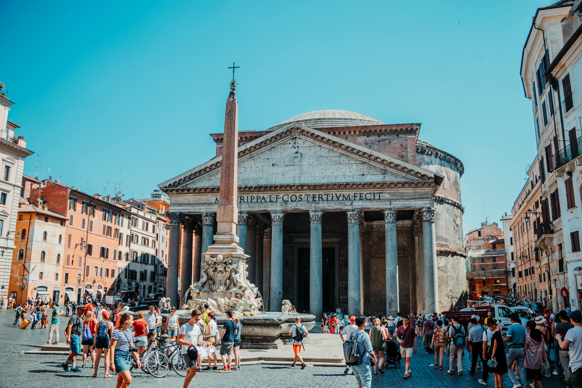 photo of people walking in front of pantheon roman temple in rome italy