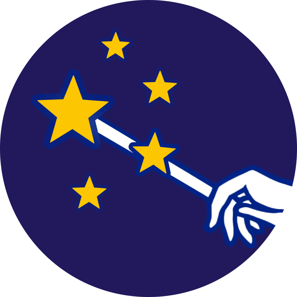 Yıldızlarla dolu bir logoda elinde asa tutan bir büyücünün eli